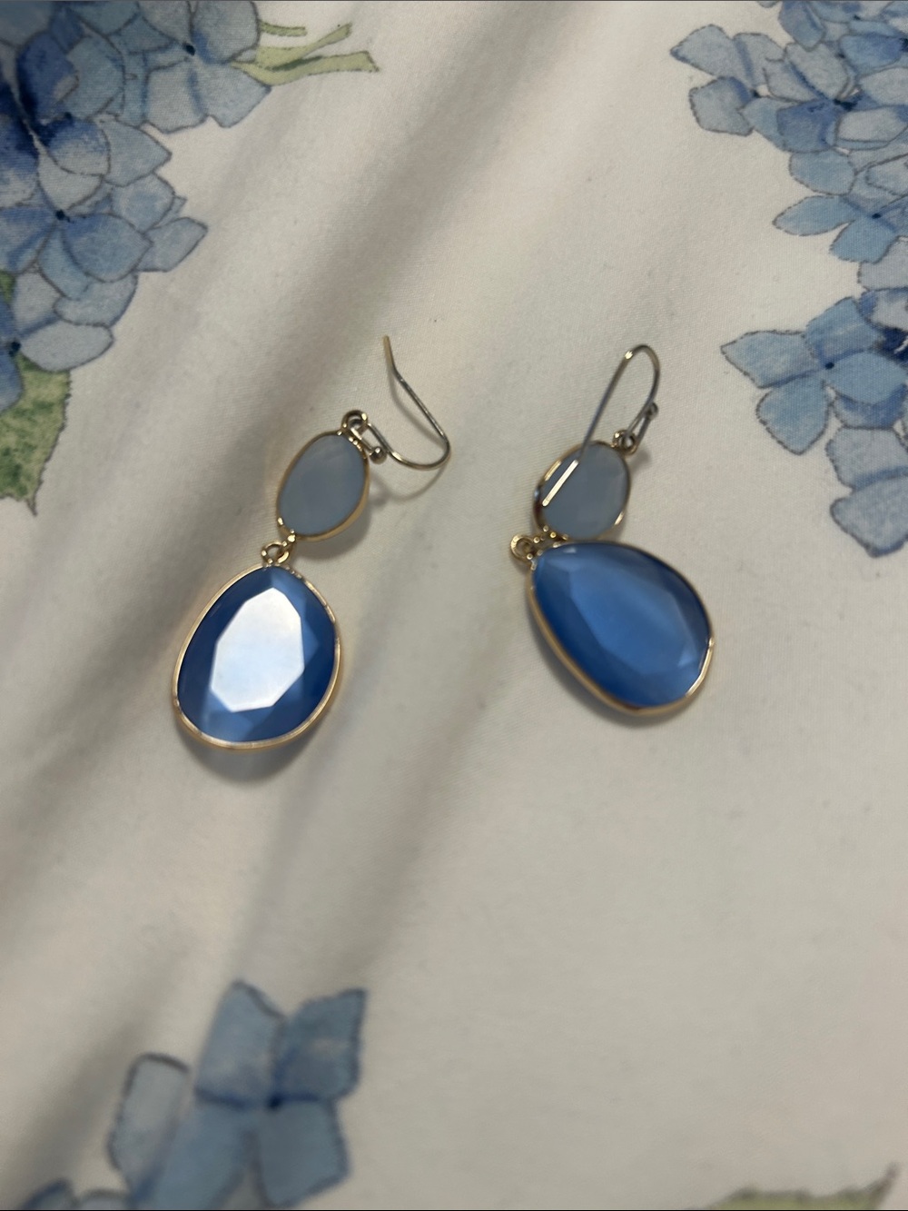 Vintage Anthropologie Gold-Trim Blue Teardrop Dangle Earrings